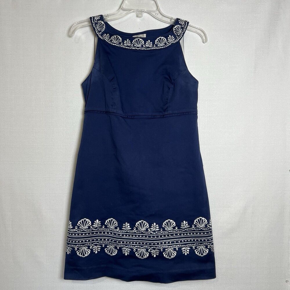Vintage Lilly Pulitzer Womens Sz 4 Sheath Dress Blue White Embroidery Sea Shells